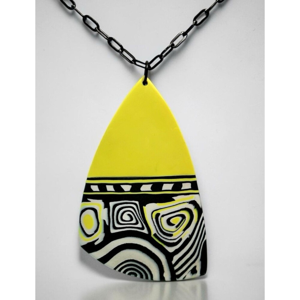 Handmade Yellow Black & White Graphic Print Large Polymer Clay Pendant Necklace